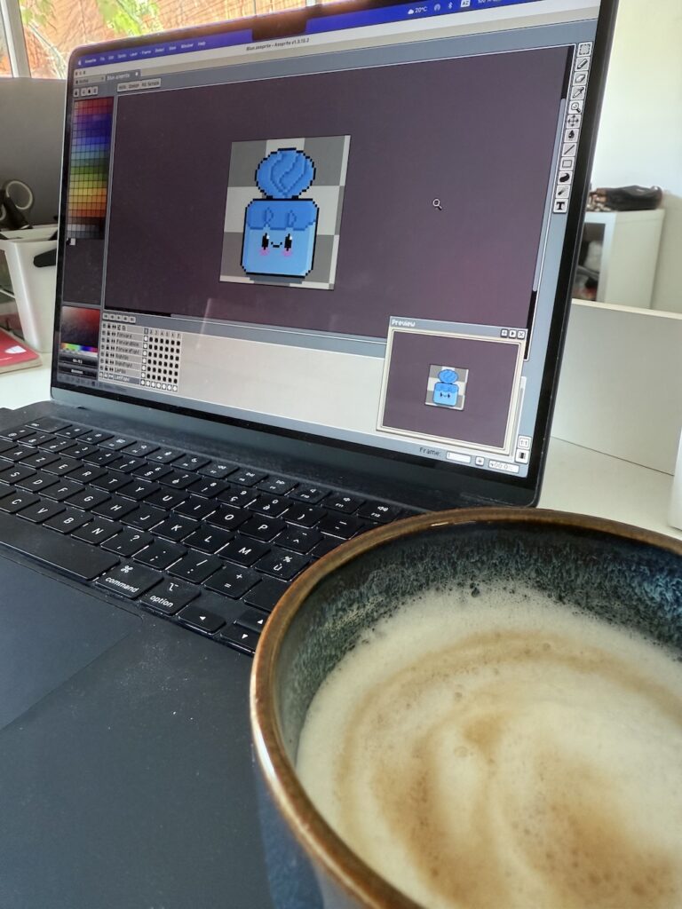Little blue character asset in pixel art